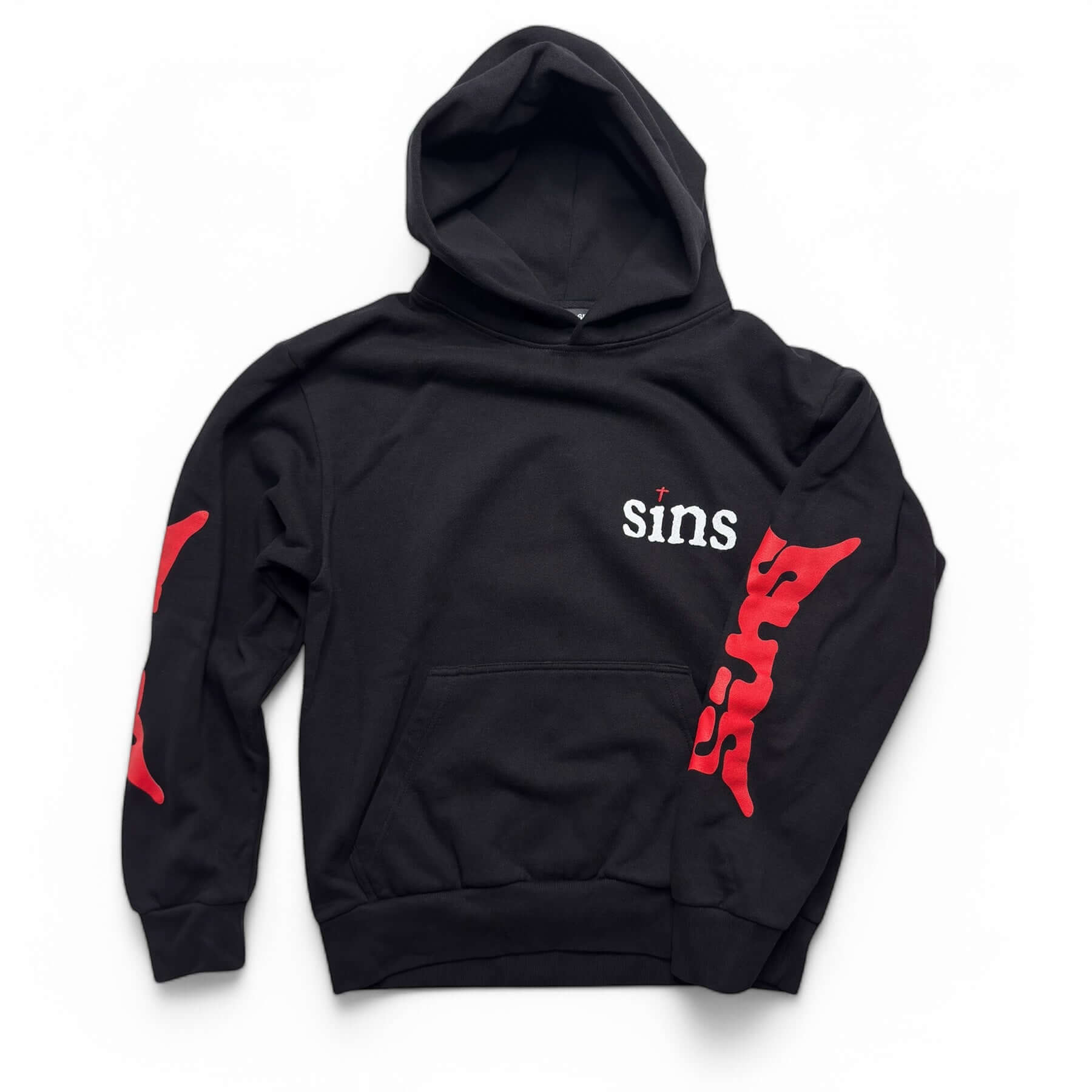 REDemption Hoodie featuring SINS logo on chest and sleeves, heavyweight cotton, standard fit for comfortable wear.