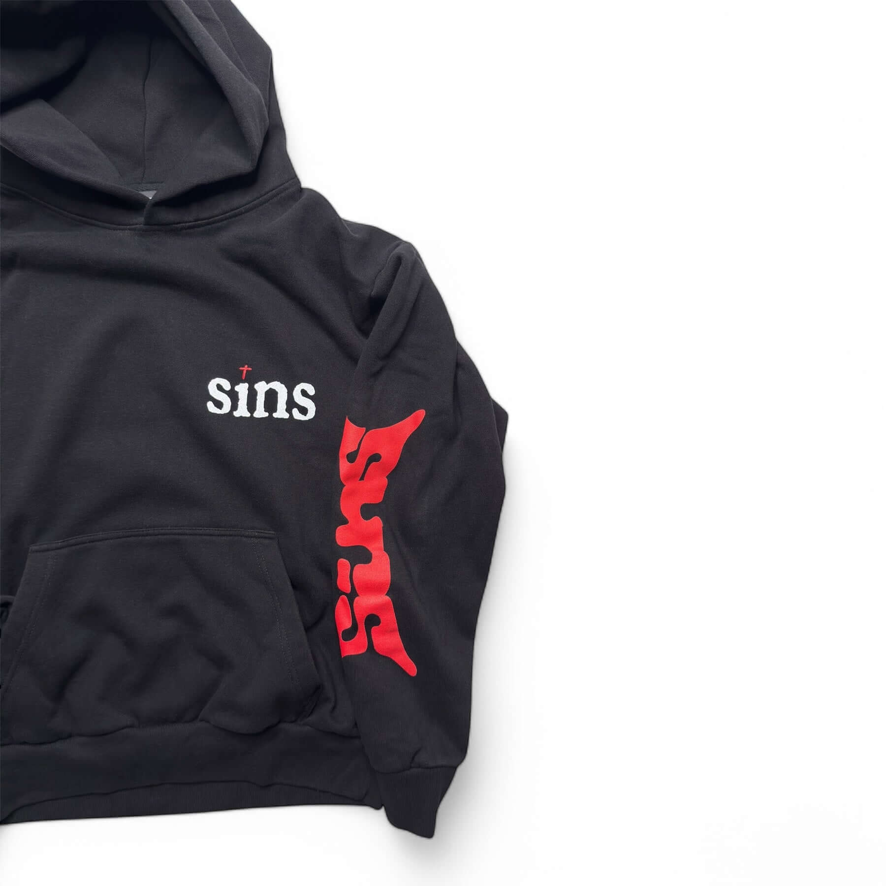 Heavyweight REDemption Hoodie featuring SINS logo on chest and sleeves, 100% cotton, standard fit, perfect for an oversized look.